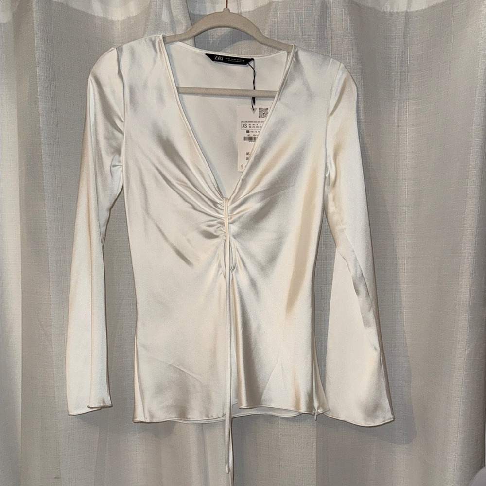 Zara White Satin V-Neck Ruched Front Long Sleeve Top